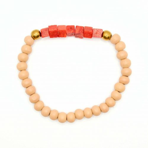Coral, Gold Hematite and Wood Bracelet