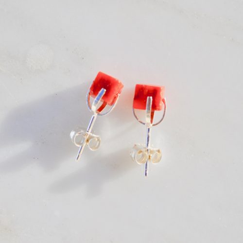 Coral Cube and Silver Earrings
