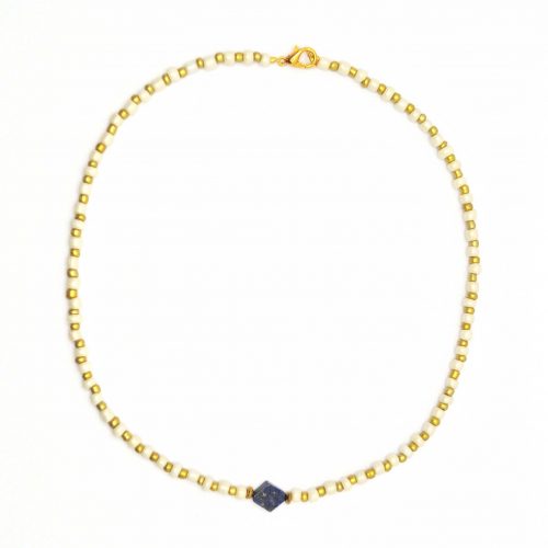 Collar de Cuentas Multicolor con Lapislázuli- Blanco/Dorado